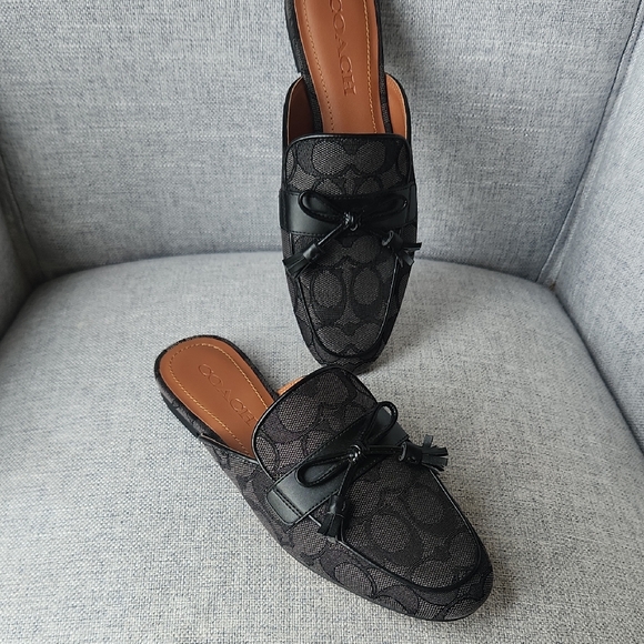 Coach Black Patterned Mules with Bow Accent - Picture 1 of 5